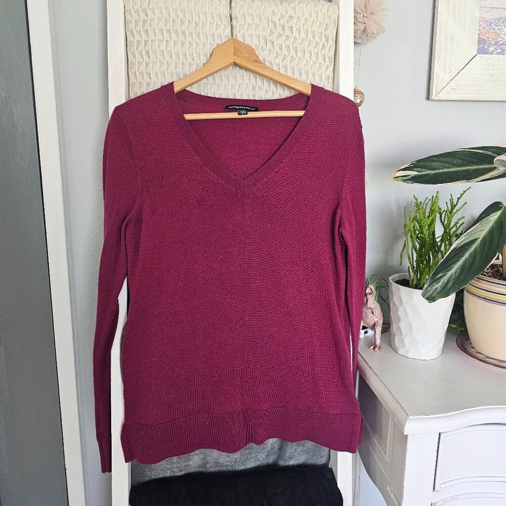 Katherine Barclay Burgundy Wool Sweater | V-Neck Split Hem Cozy Knit Top